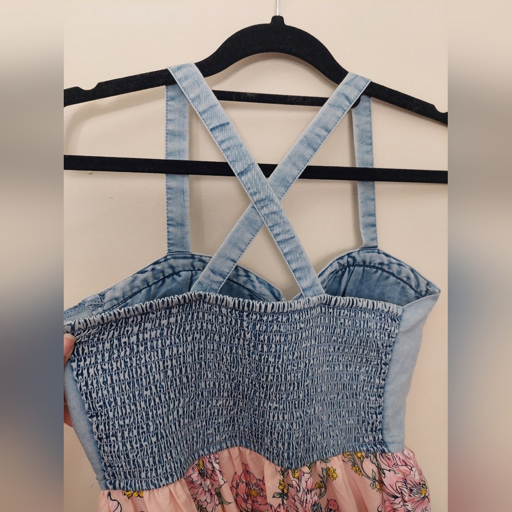 Band of Gypsies Blue Denim Bodice Pink Floral Maxi Dress - Picture 6 of 9